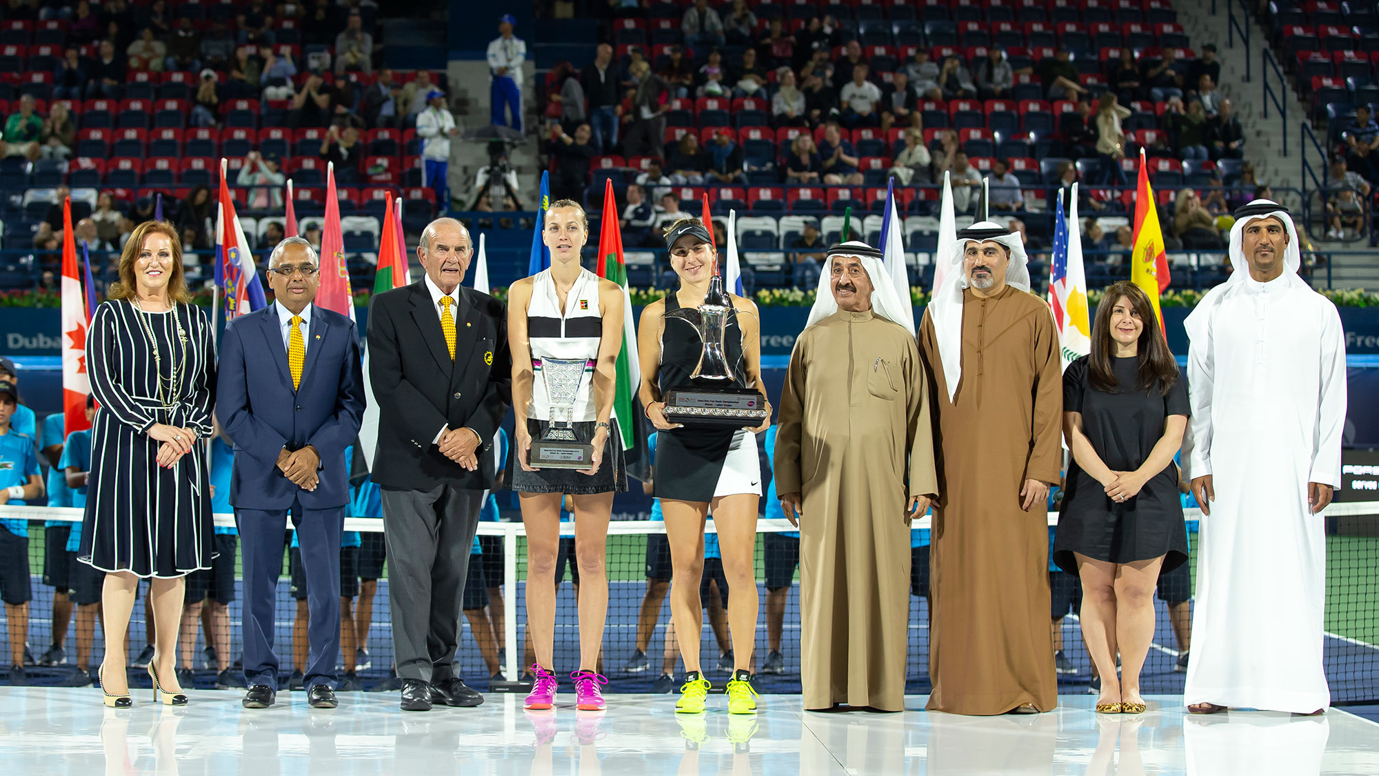 Dubai, United Arab Emirates. 21st Feb, 2019. Ekaterina Makarova (L