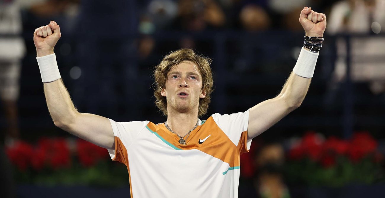 DUBAI, UAE, 4th March 2023. Action from the men's singles final of the Dubai  Duty Free Tennis Open Championships. 3rd seed Daniil Medvedev defeated  defending champion Andrey Rublev 6-2, 6-2 Credit: Feroz