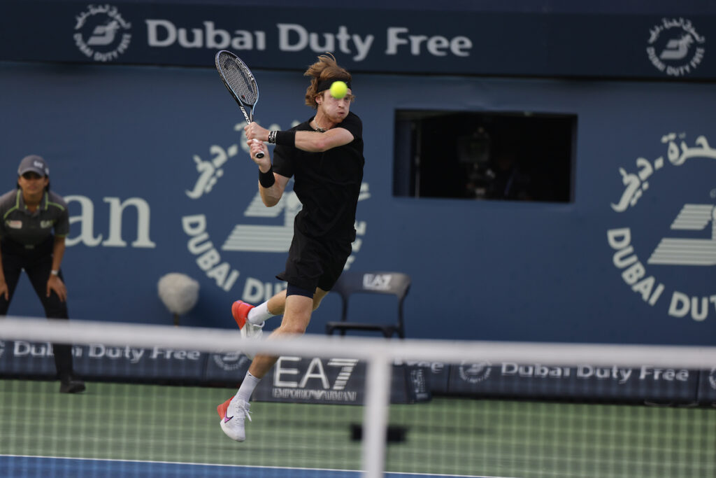 DUBAI, UAE, 4th March 2023. 2022 champion Andrey Rublev in action