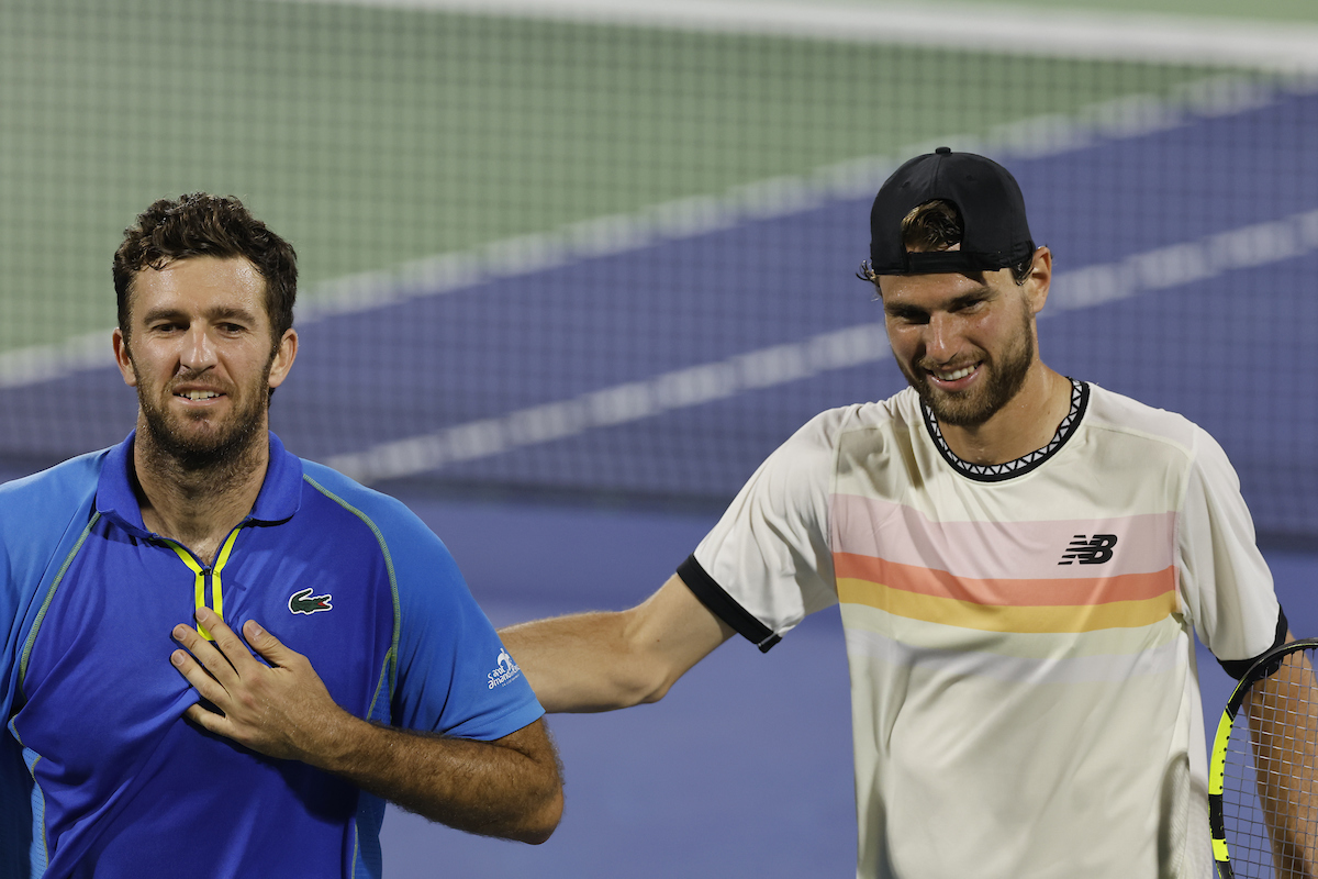 Dubai, UAE, 4th.March, 2023. Russian tennis players at the trophy  presentation, Winner Daniil Medvedev (red shirt) and runner-up Andrey  Rublev at the Dubai Duty Free Tennis Championships tournament at Dubai Duty  Free