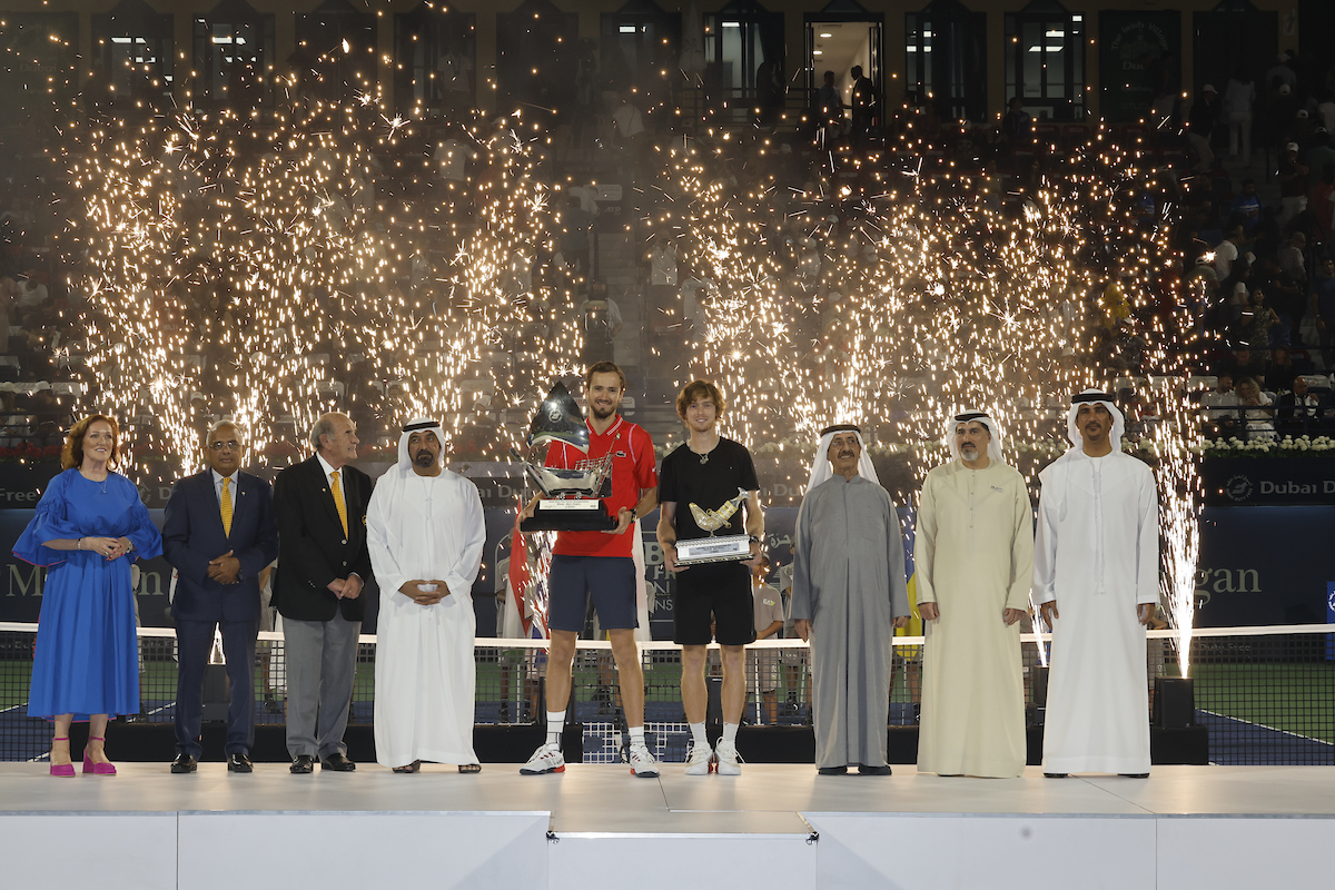 Dubai, UAE, 4th.March, 2023. Russian tennis players at the trophy  presentation, Winner Daniil Medvedev (red shirt) and runner-up Andrey  Rublev at the Dubai Duty Free Tennis Championships tournament at Dubai Duty  Free