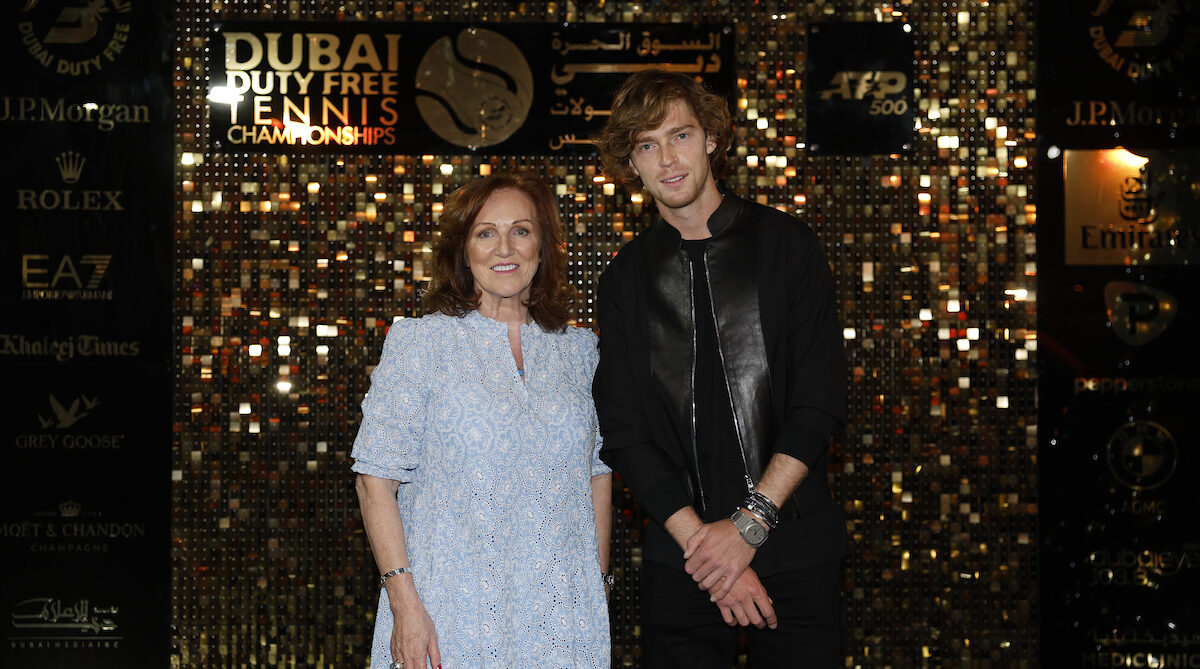 Dubai, UAE, 4th.March, 2023. Russian tennis players at the trophy  presentation, Winner Daniil Medvedev (red shirt) and runner-up Andrey  Rublev at the Dubai Duty Free Tennis Championships tournament at Dubai Duty  Free