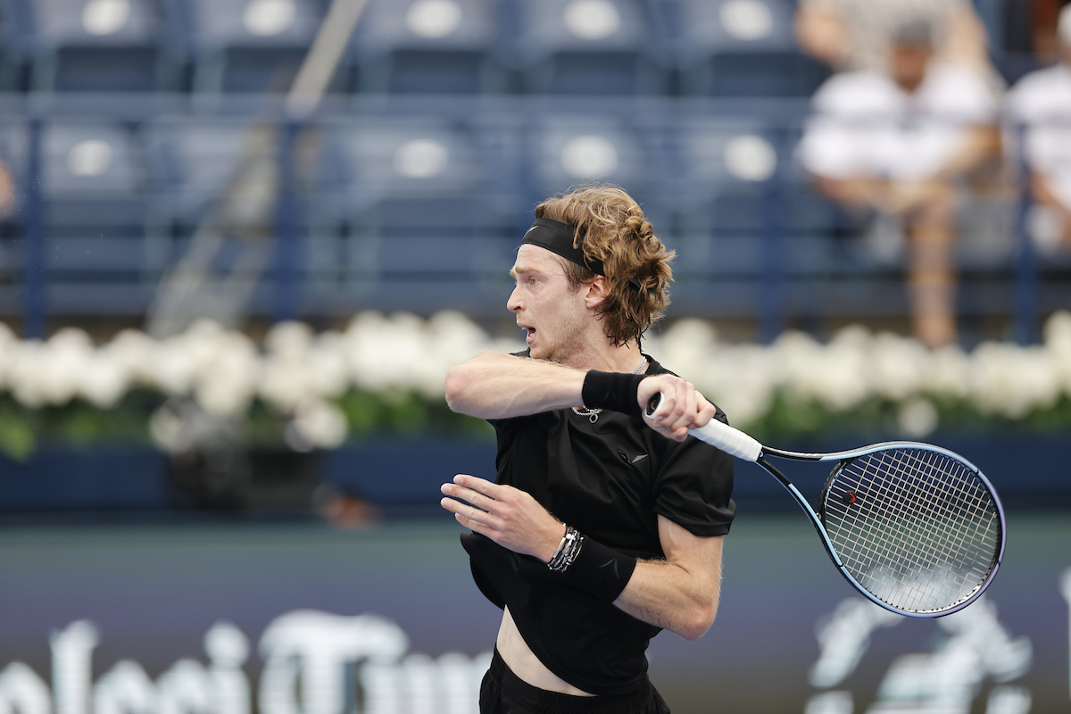 DUBAI, UAE, 4th March 2023. 2022 champion Andrey Rublev in action during  the men's singles final of the Dubai Duty Free Tennis Open Championships.  3rd seed Daniil Medvedev defeated Rublev 6-2, 6-2