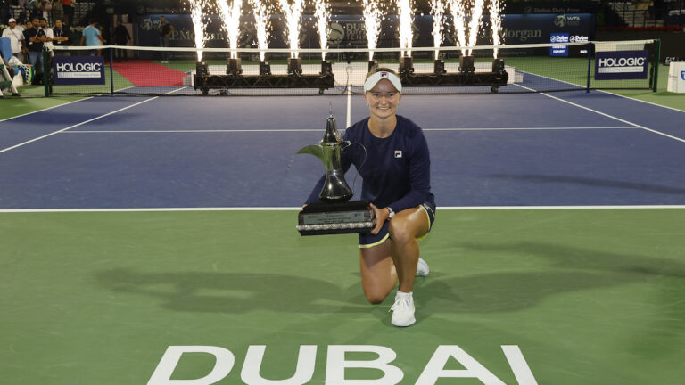 Barbora Krejcikova with the women's singles trophy at the 2023 Dubai Duty Free Tennis Championships.