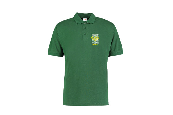 a green short-sleeved polo shirt in an adult size with a Dubai Duty Free Tennis Championships logo on the left chest