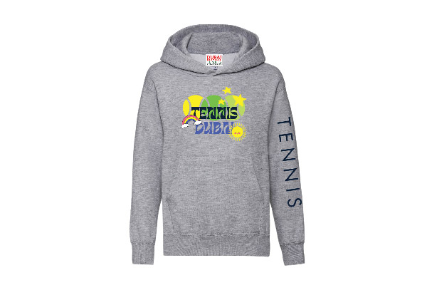 a long-sleeved grey hoodie with a graphic across the chest that says "tennis dubai" and the word "tennis" printed along the left sleeve