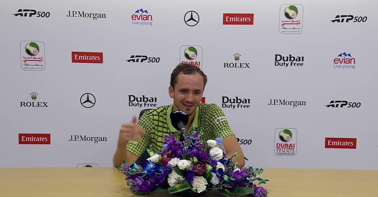 Daniil Medvedev being interviewed after a first round match at the 2026 Dubai Duty Free Championship