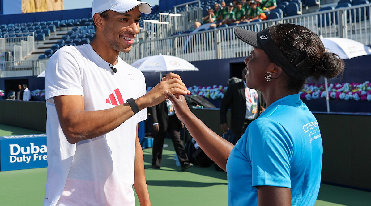 Canadian ATP player Felix Auger-Aliassime and Great Britain’s Jack Draper during a tennis clinic held on the sidelines of the ATP Dubai Duty Free Tennis Championships 20th February, 2026.