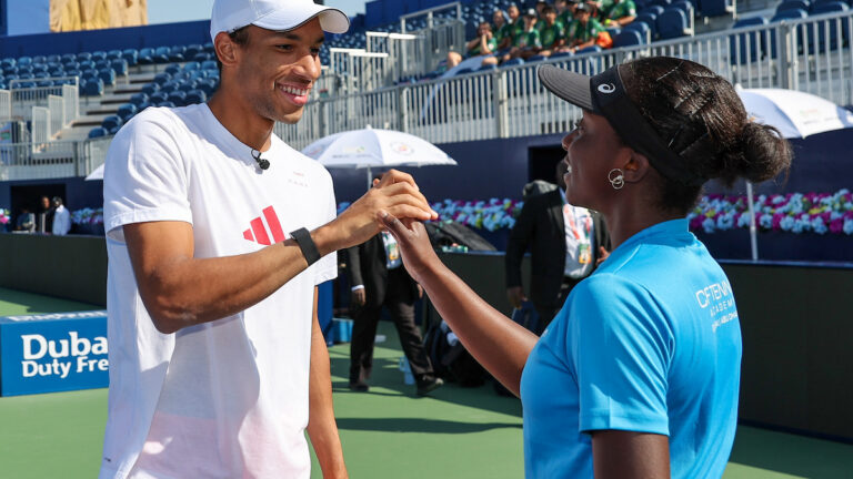 Canadian ATP player Felix Auger-Aliassime and Great Britain’s Jack Draper during a tennis clinic held on the sidelines of the ATP Dubai Duty Free Tennis Championships 20th February, 2026.