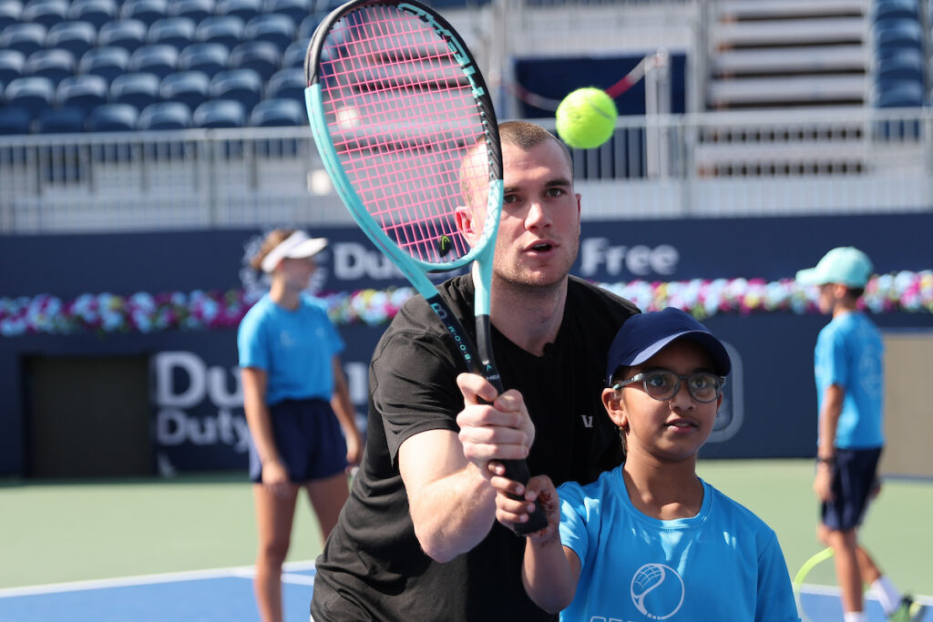 Canadian ATP player Felix Auger-Aliassime and Great Britain’s Jack Draper during a tennis clinic held on the sidelines of the ATP Dubai Duty Free Tennis Championships 20th February, 2026.