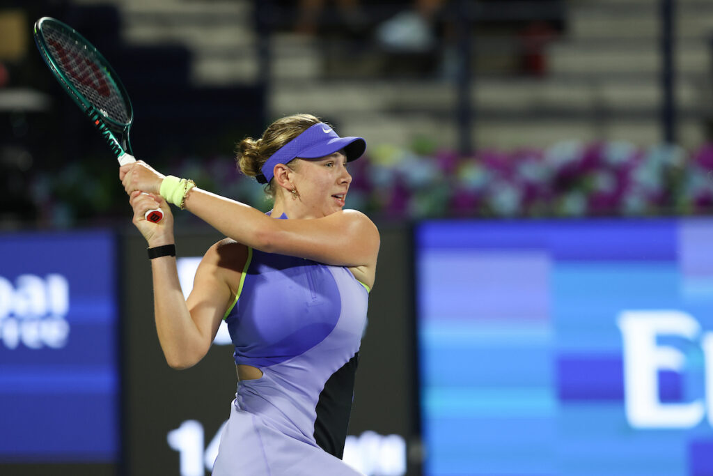 Amanda Anisimova of the US in action against Jessica Pegula of the US in the WTA Dubai Duty Free Tennis Championships 20th February, 2026.
