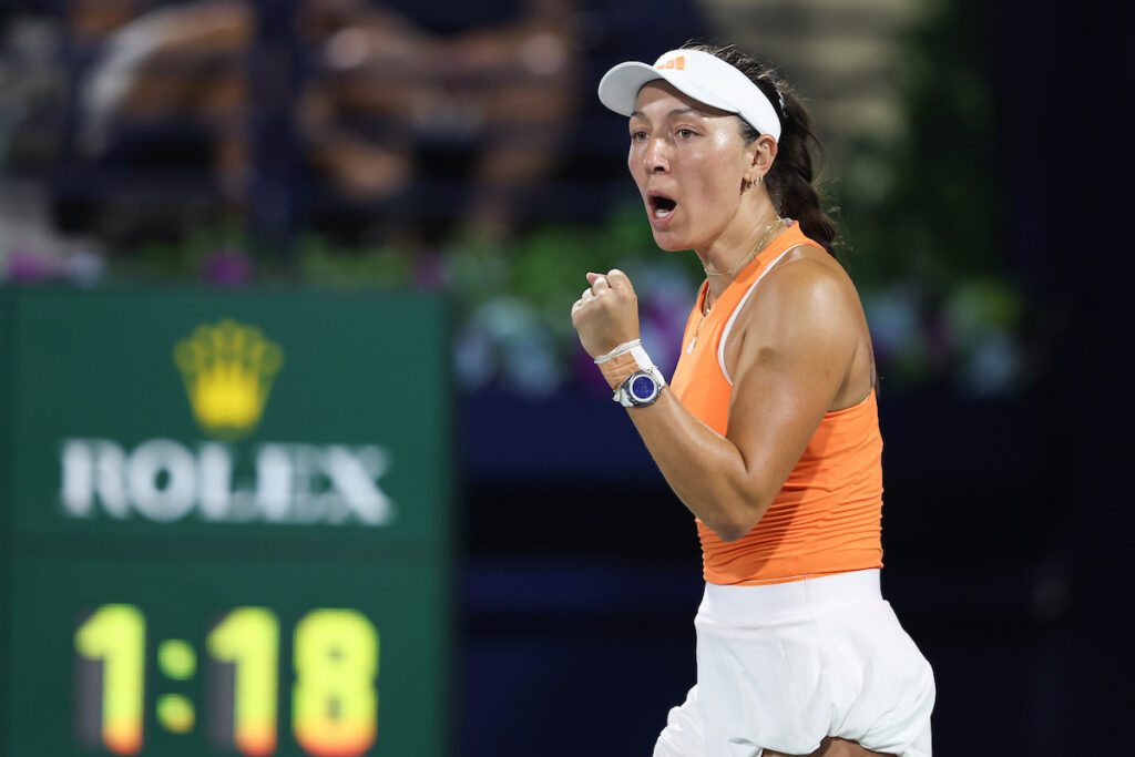 Jessica Pegula of the US reacts after winning the second set during her match against Amanda Anisimova of the US in the WTA Dubai Duty Free Tennis Championships 20th February, 2026.