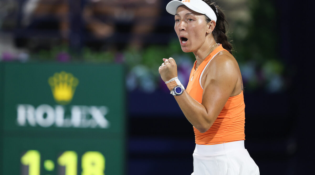 Jessica Pegula of the US reacts after winning the second set during her match against Amanda Anisimova of the US in the WTA Dubai Duty Free Tennis Championships 20th February, 2026.