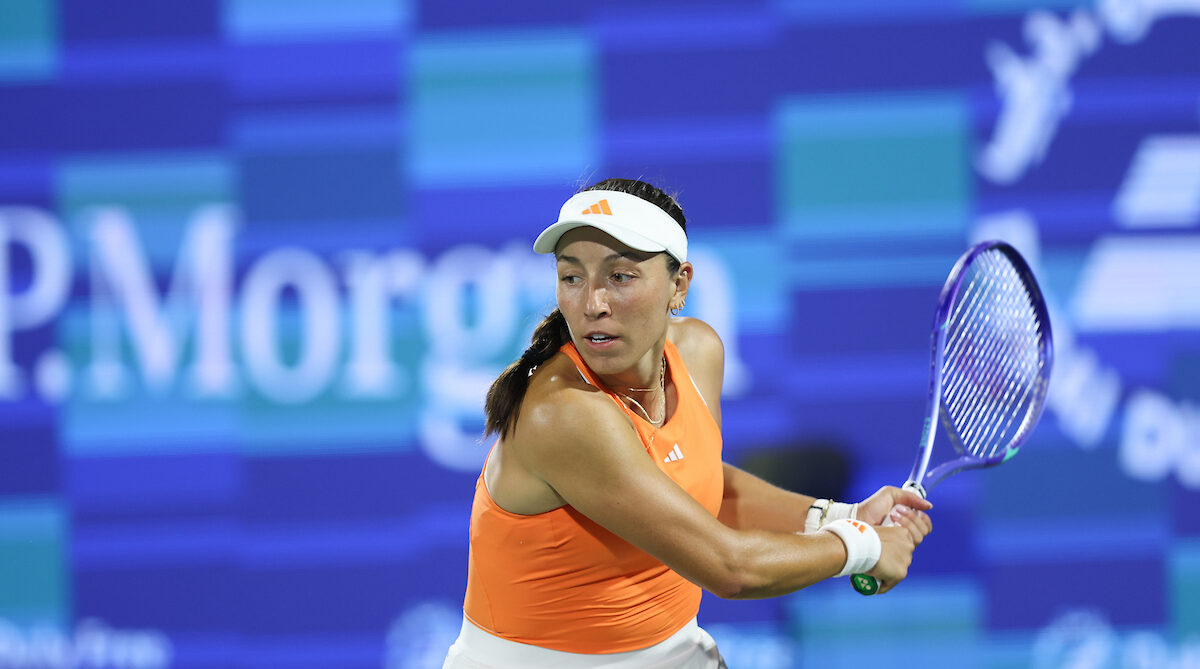 Jessica Pegula of the US in action against Amanda Anisimova of the US in the WTA Dubai Duty Free Tennis Championships 20th February, 2026.