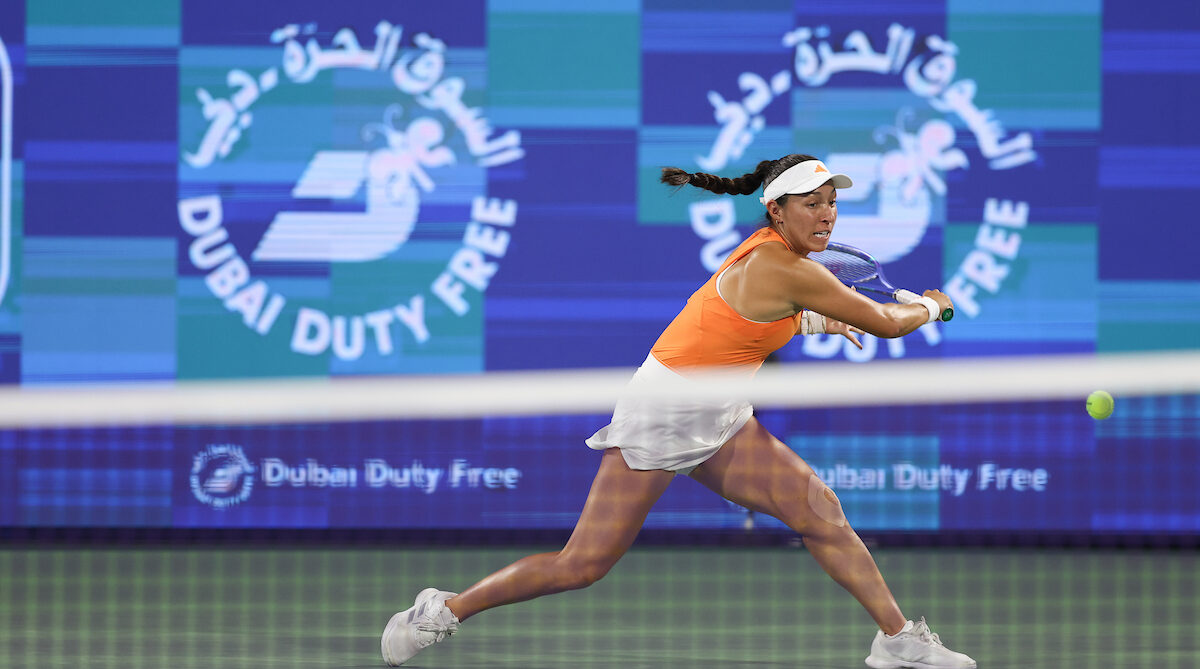 Jessica Pegula of the US in action against Amanda Anisimova of the US in the WTA Dubai Duty Free Tennis Championships 20th February, 2026.