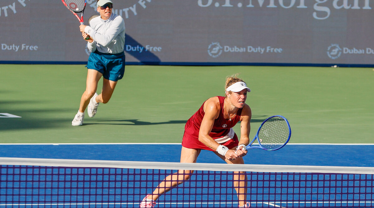 Laura Siegemund and Vera Zvonareva in action against Jaqueline Cristian and Elena-Gabriel Ruse in the WTA Dubai Duty Free Tennis Championships 20th February, 2026.