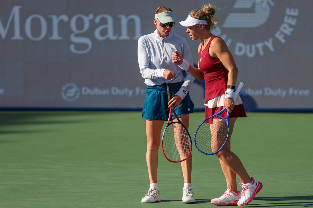Laura Siegemund and Vera Zvonareva in action against Jaqueline Cristian and Elena-Gabriel Ruse in the WTA Dubai Duty Free Tennis Championships 20th February, 2026.