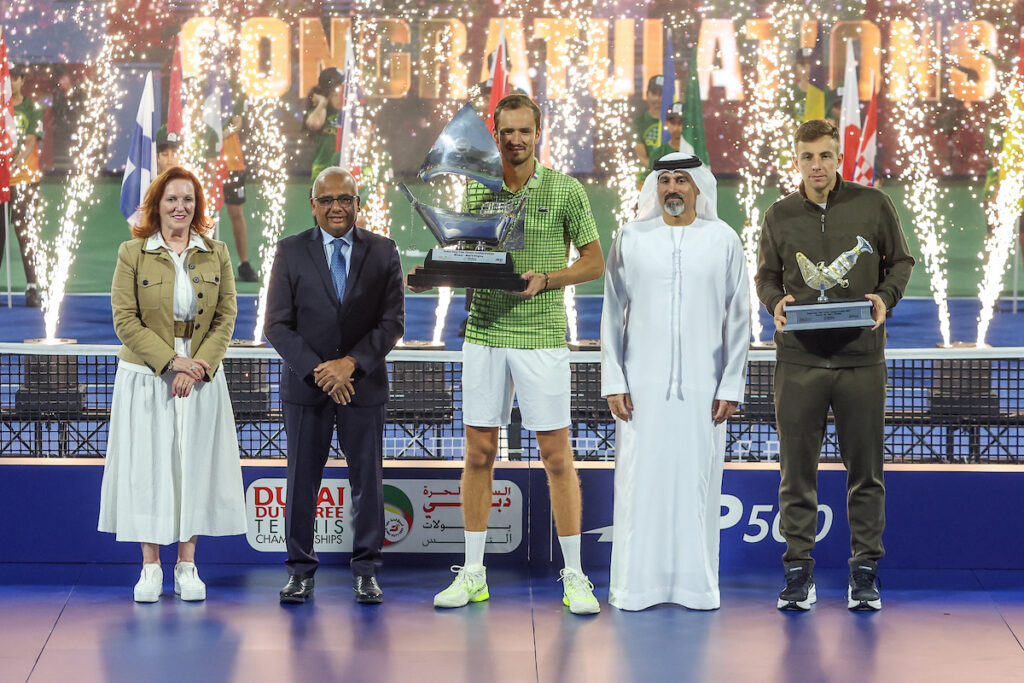 Winner Daniel Medvedev during the trophy presentation of the ATP Dubai Duty Free Tennis Championships 28th February, 2026.