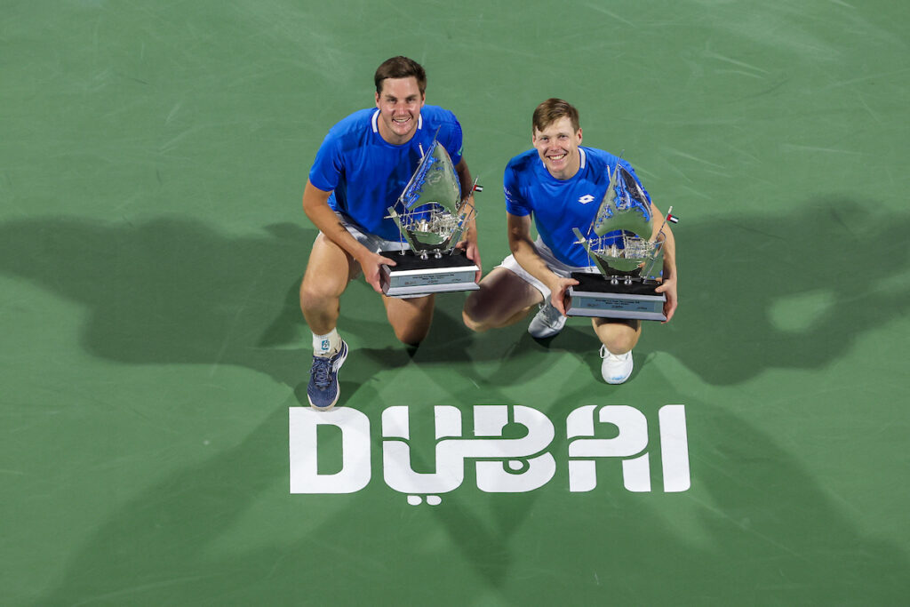 Doubles winners Harri Heliovaarai and Henry Patten during the trophy presentation of the ATP Dubai Duty Free Tennis Championships 28th February, 2026.