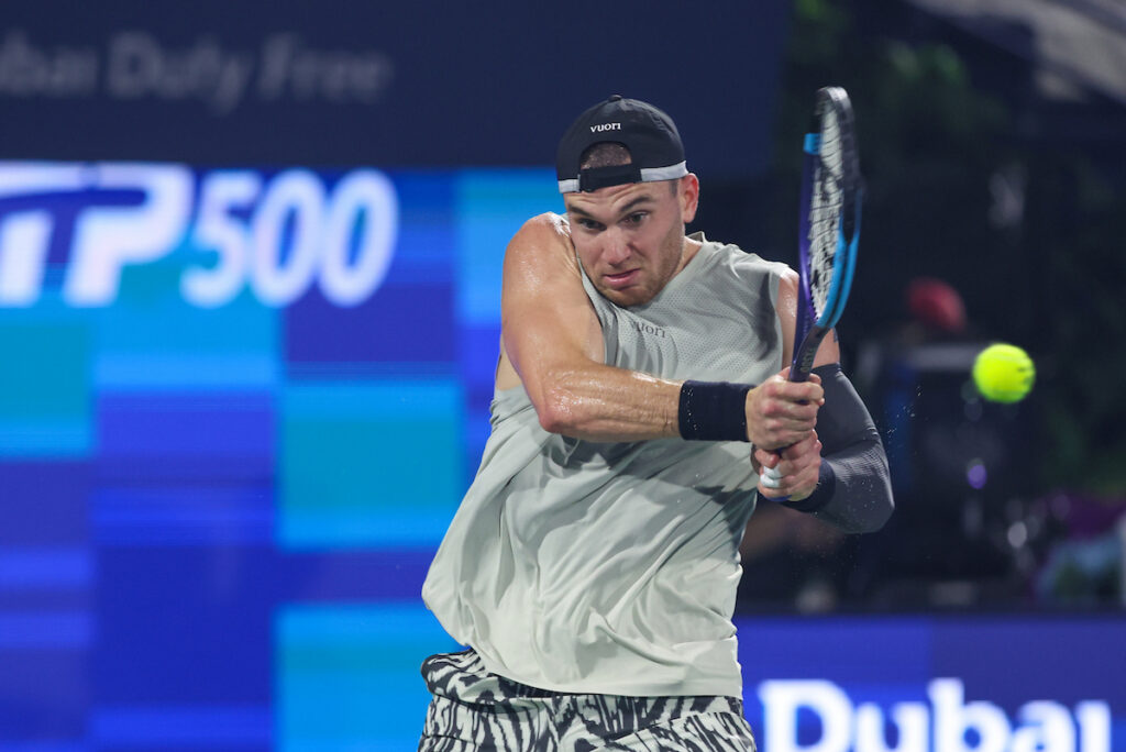 Quentin Halys of France in action against Jack Draper of Great Britain in the ATP Dubai Duty Free Tennis Championships 23rd February, 2026.