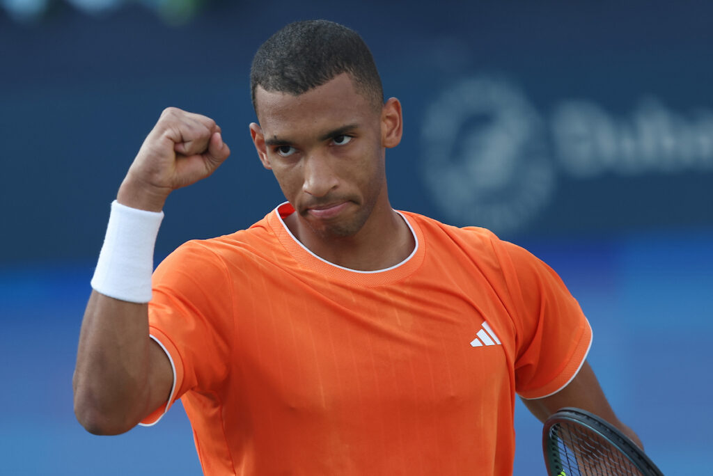 Felix Auger-Aliassime of Canada in action against Giovanni Mpetshi Perricard of France in the ATP Dubai Duty Free Tennis Championships 25th February, 2026.