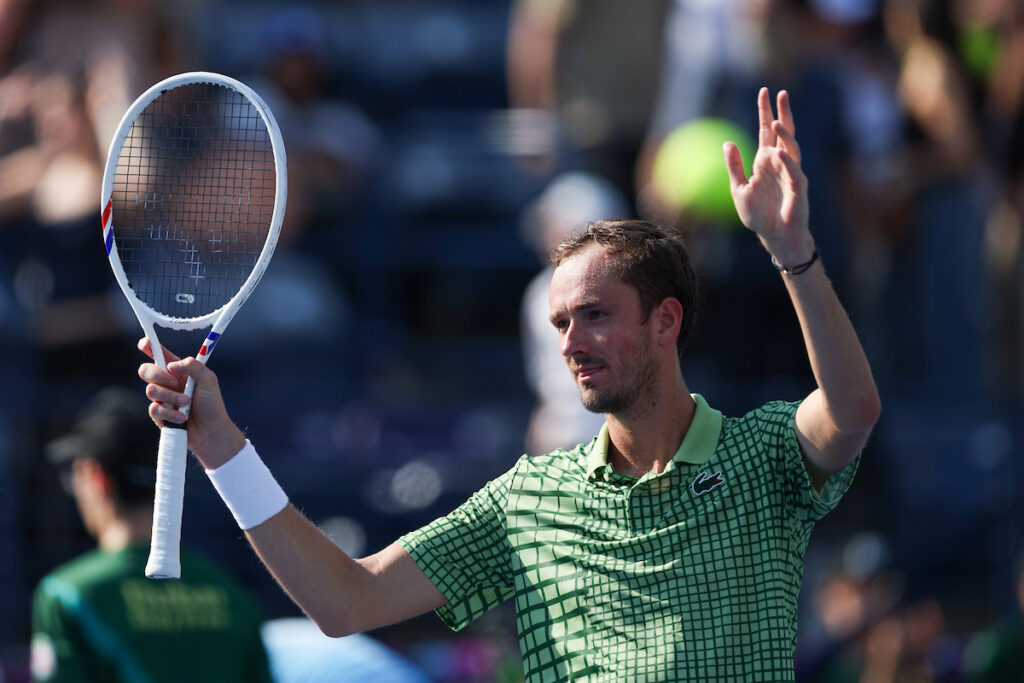 Daniel Medvedev in action against Stan Wawrinka of Switzerland in the ATP Dubai Duty Free Tennis Championships 25th February, 2026.