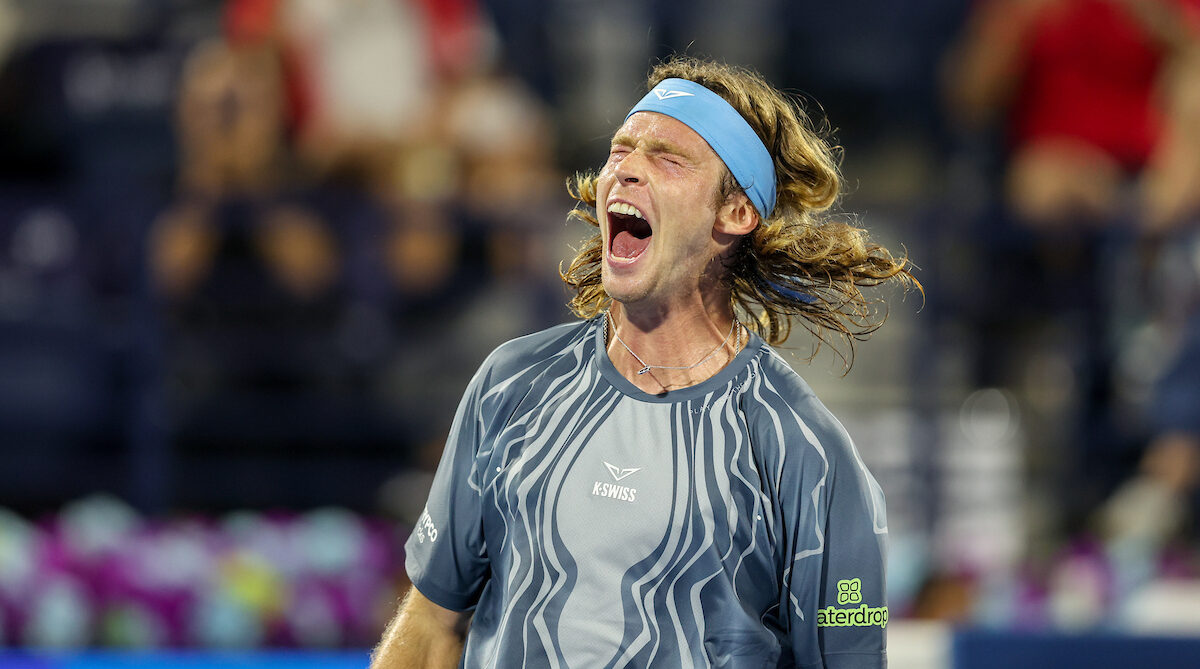 Andrey Rublev celebrates his win against Ugo Humbert of France in action against Ugo Humbert of France in the ATP Dubai Duty Free Tennis Championships 25th February, 2026.