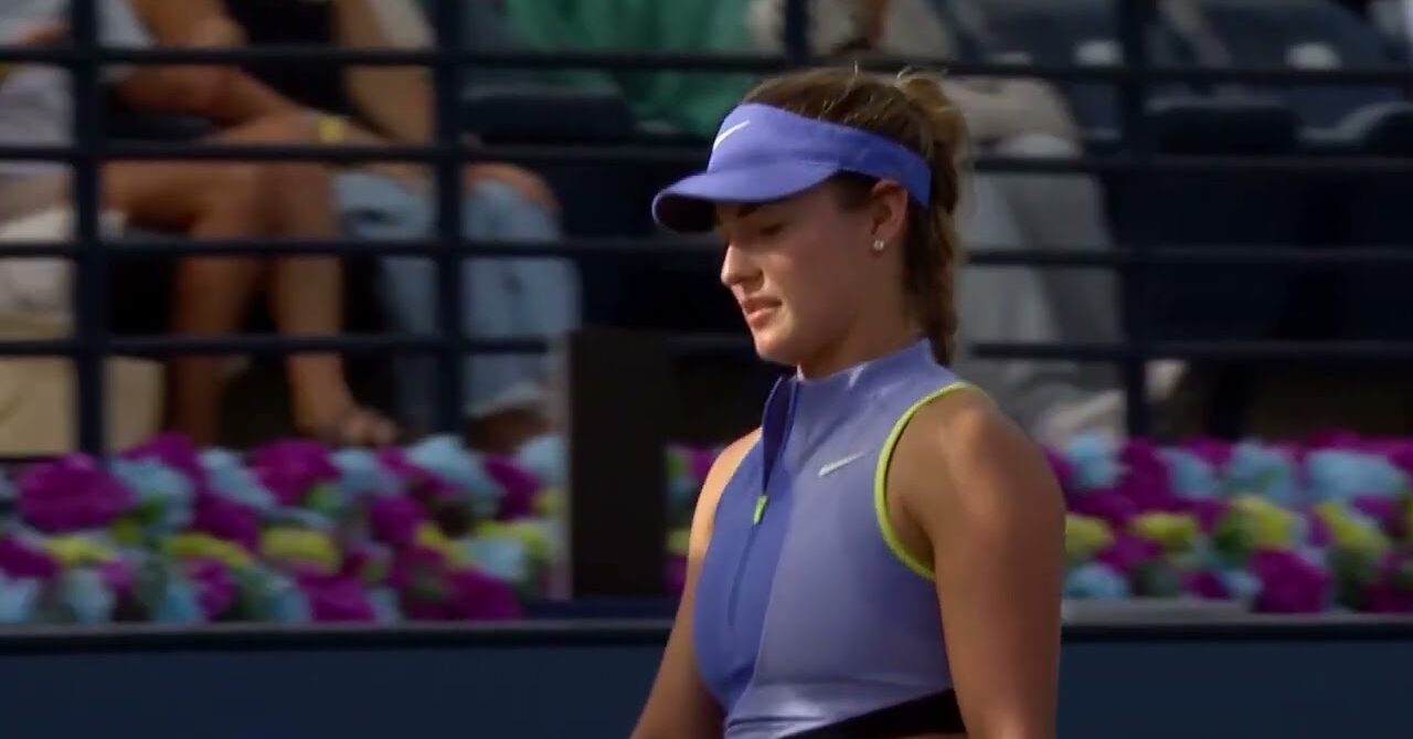 WTA tennis player on court with stands in the background