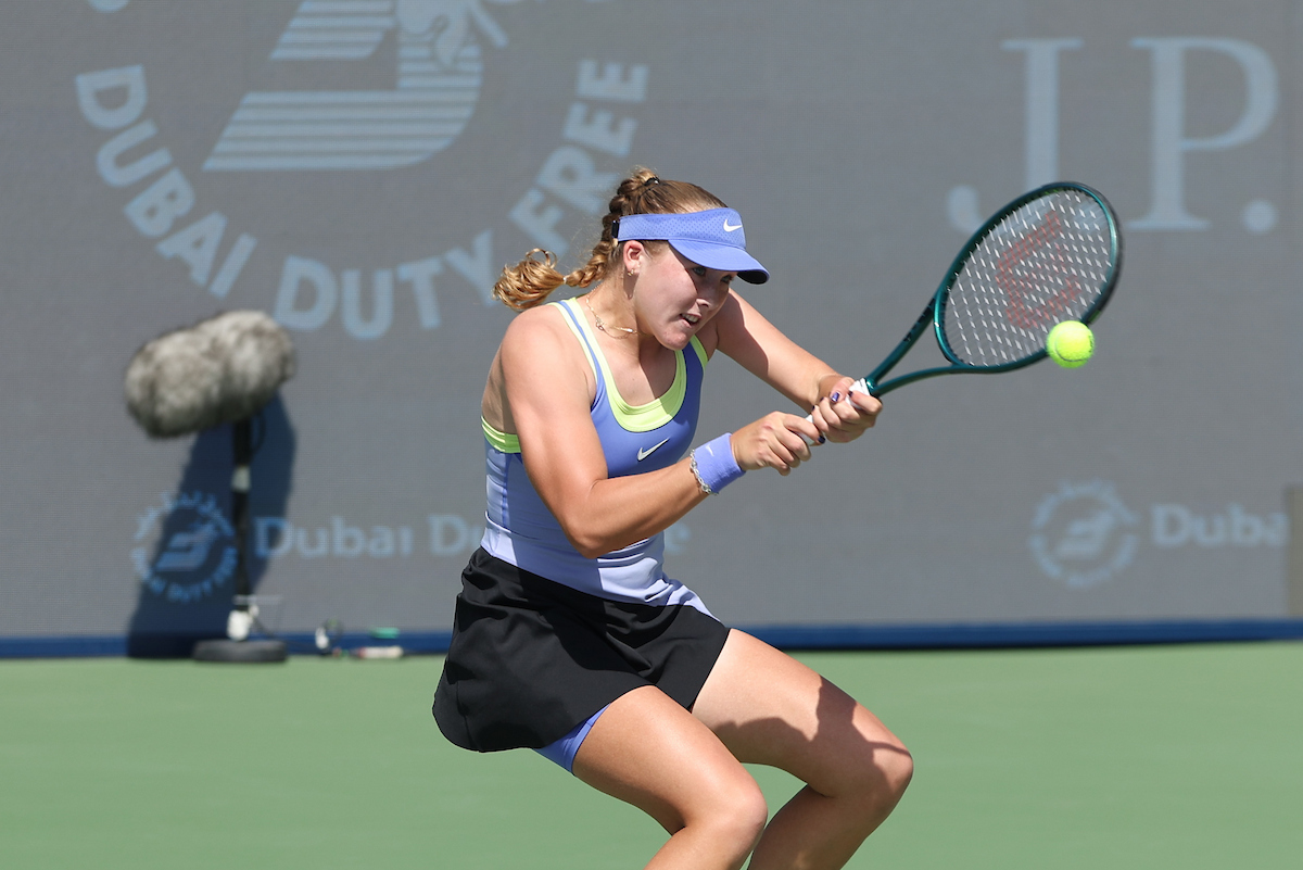Mirra Andreeva in action against Jaqueline Cristian of Romania during the WTA Dubai Duty Free Tennis Championships 18th February, 2026.