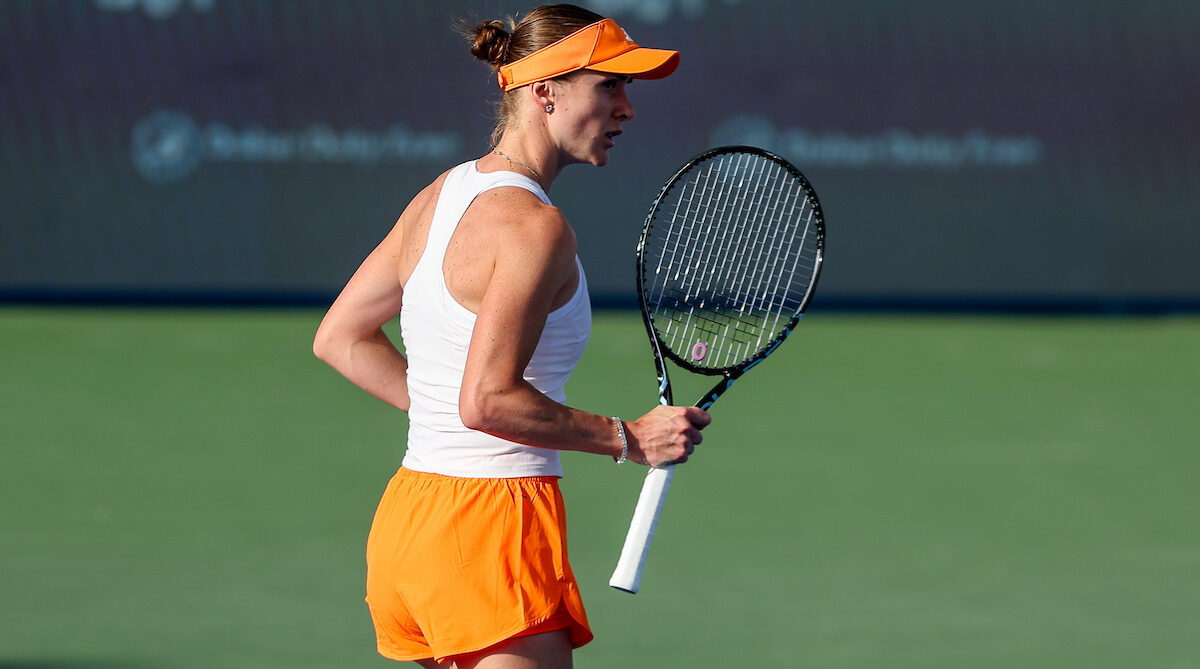 Elina Svitolina of Ukraine in action against Belinda Bencic of Switzerland during the WTA Dubai Duty Free Tennis Championships 18th February, 2026.