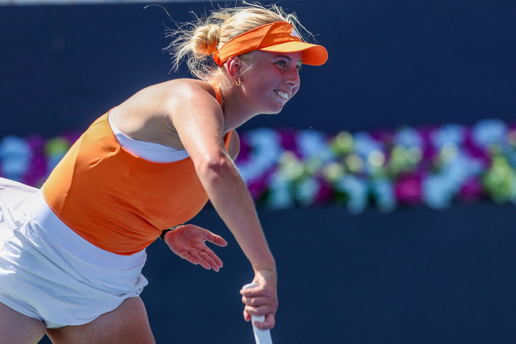 Clara Tauson of Denmark in action against Magda Linette of Poland during the WTA Dubai Duty Free Tennis Championships 18th February, 2026.