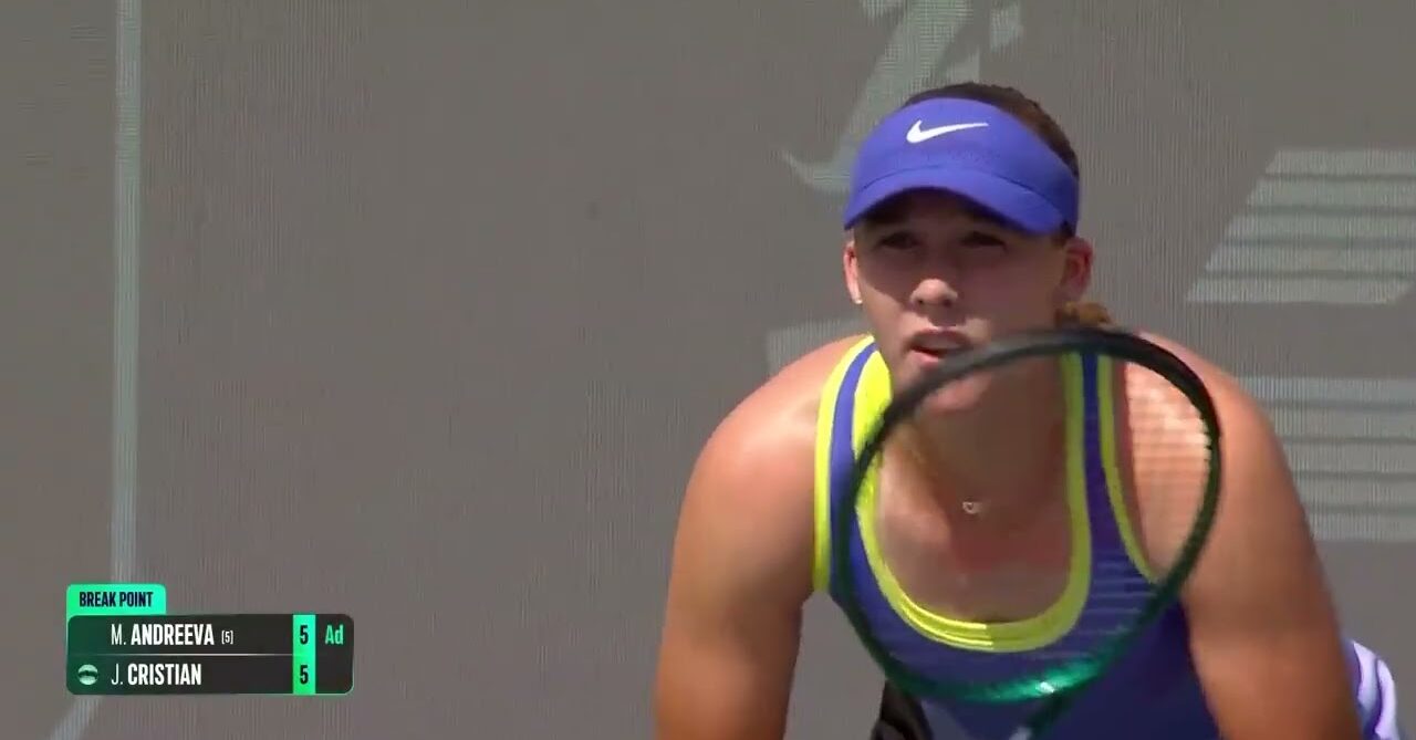 Mirra-Andreeva preparing to return a serve at the 2026 Dubai Duty Free Championships