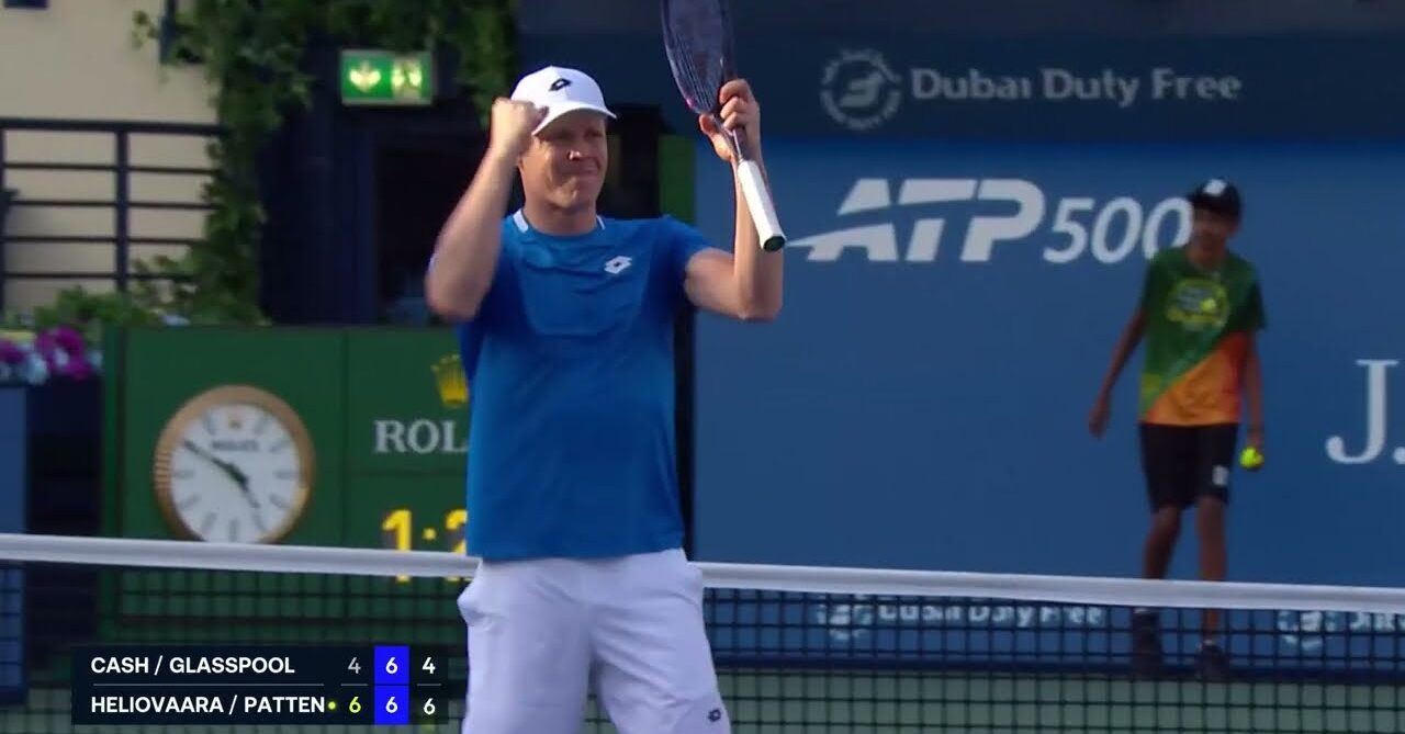 Harri Heliovaara celebrates during a doubles match at the 2026 Dubai Duty Free Tennis Championships