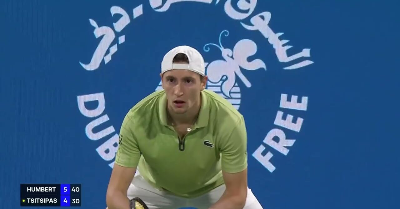 Humbert waits for a serve in the first round of the 2026 Dubai Duty Free Championship