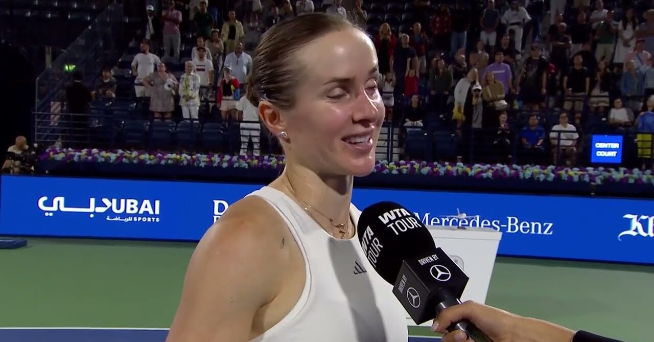 Elina Svitolina speaks to an interviewer after her match